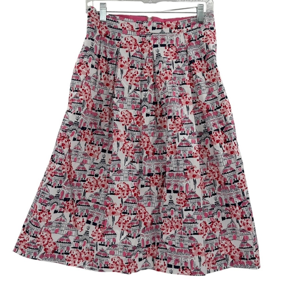 Boden Pink White Glasshouse Print Pleated Midi Skirt Womens 6R Cotton A-Line